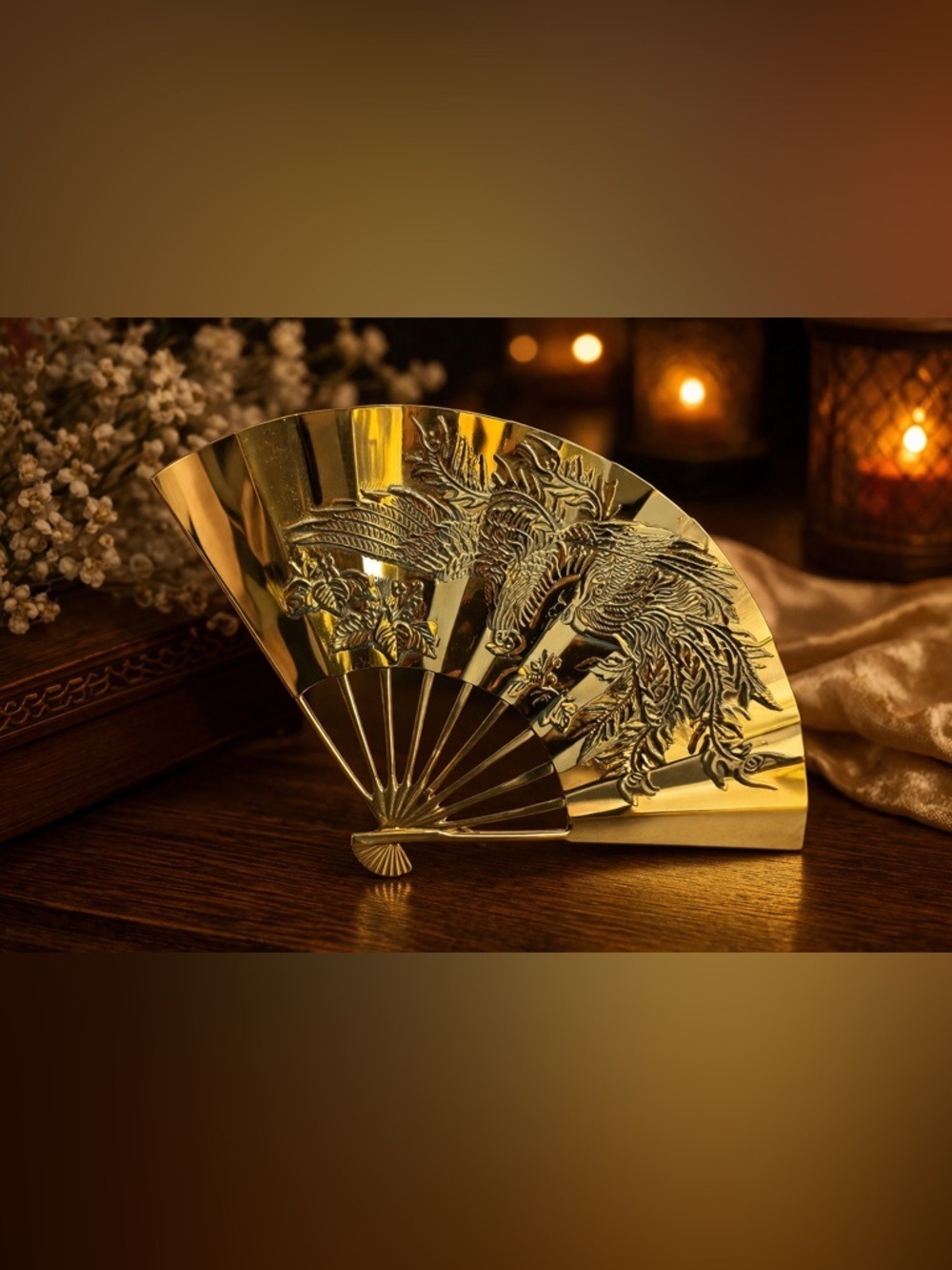 VINTAGE Taiwan ROC Gold Tone Phoenix Fan • Ornate Relief Art • Prosperity Decor